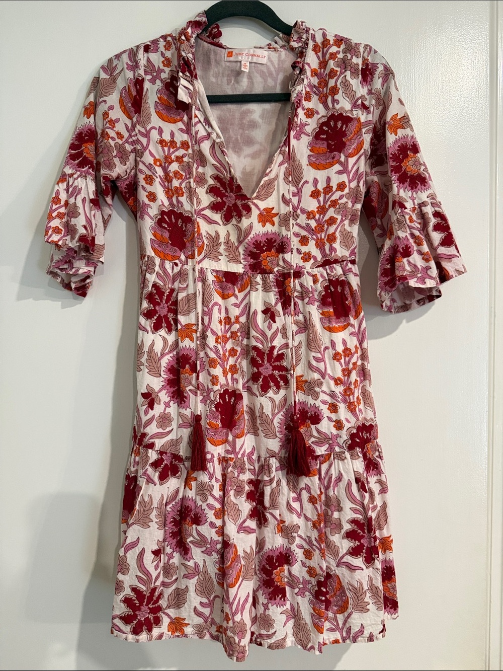 Jude Connally Pink Floral Tiered Mini Dress with Red and Orange Accents